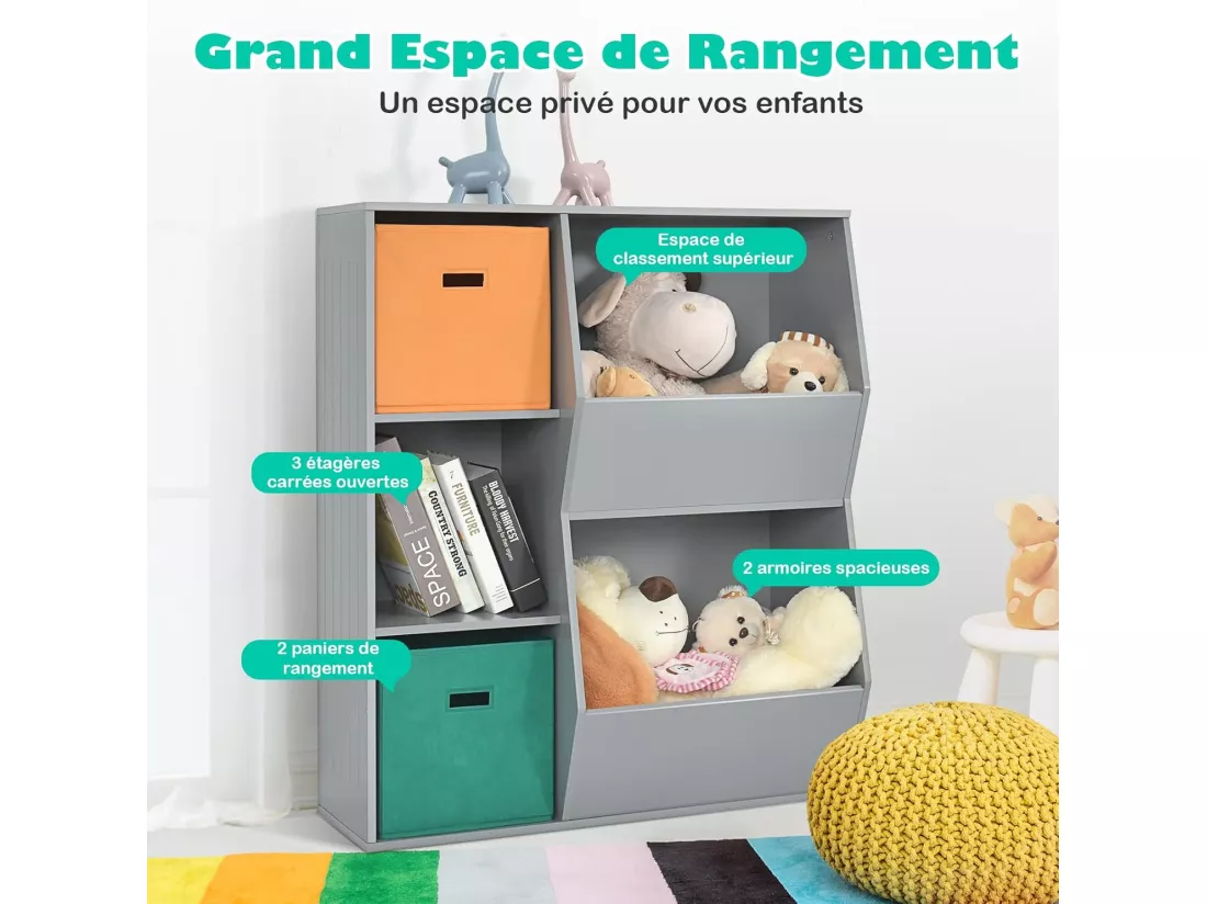 Placard de rangement pour jouets avec 2 paniers, 3 cubes, 77 x 35 x 93 cm gris