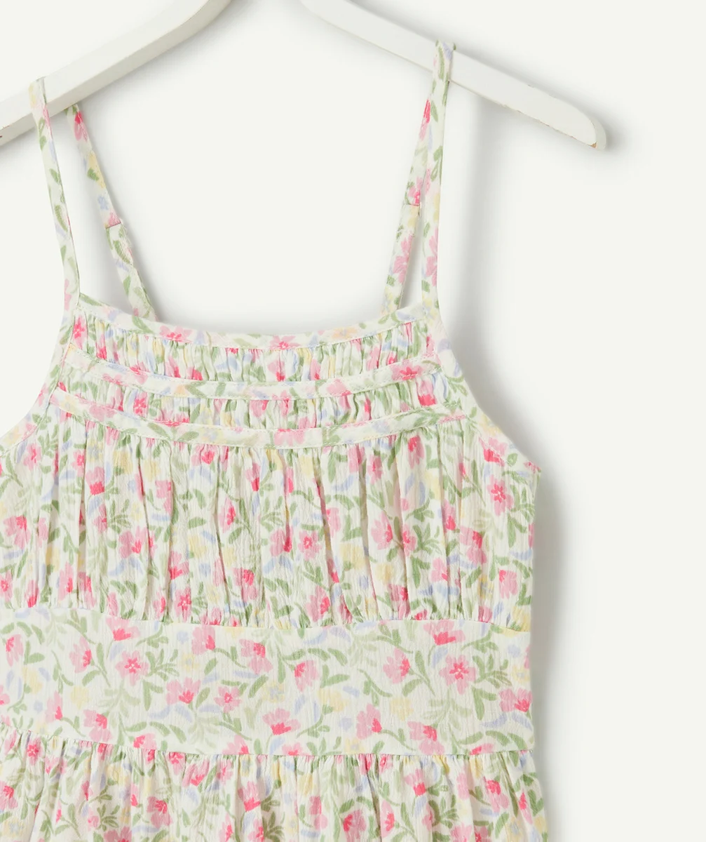 robe longue à bretelles fille en coton imprimé fleuri rose vert et bleu