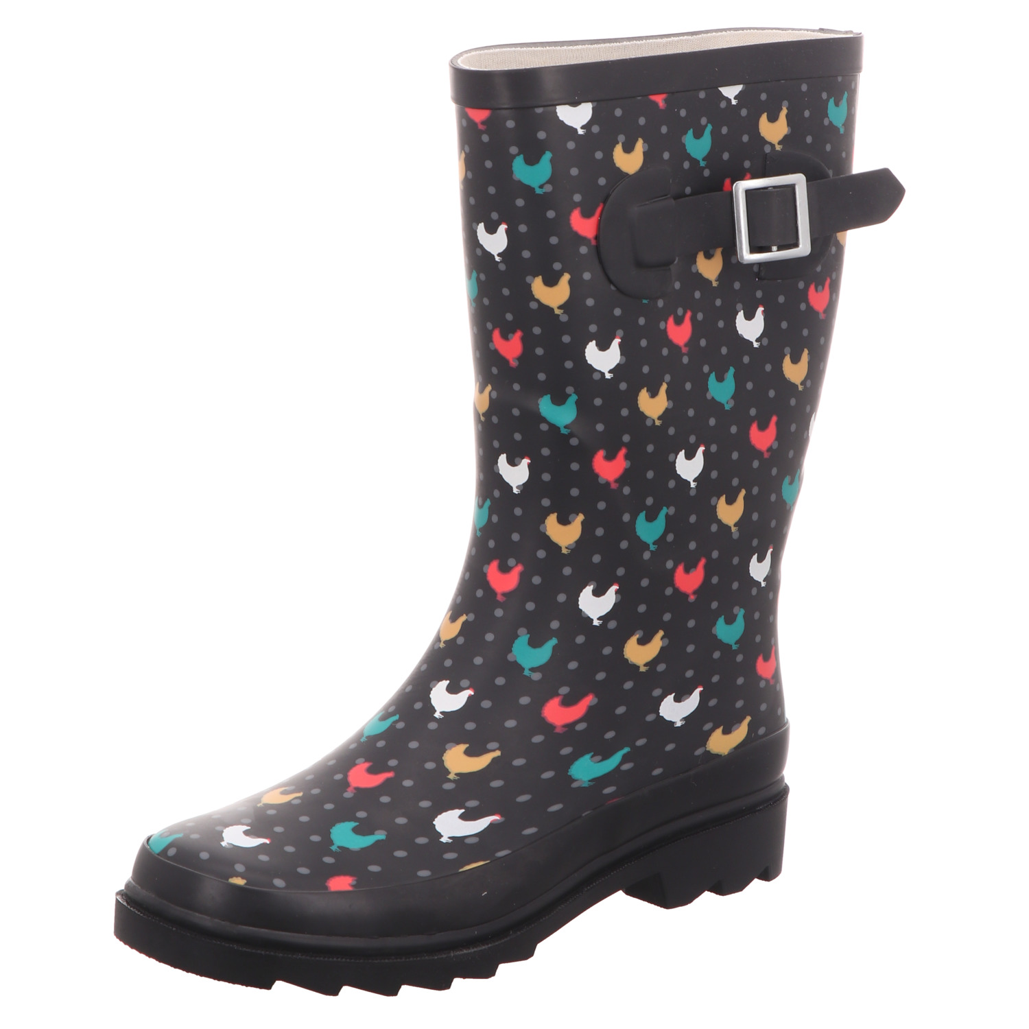 Jewels of Style Damen-Gummistiefel Motiv Hühner Schwarz-Mehrfarbig