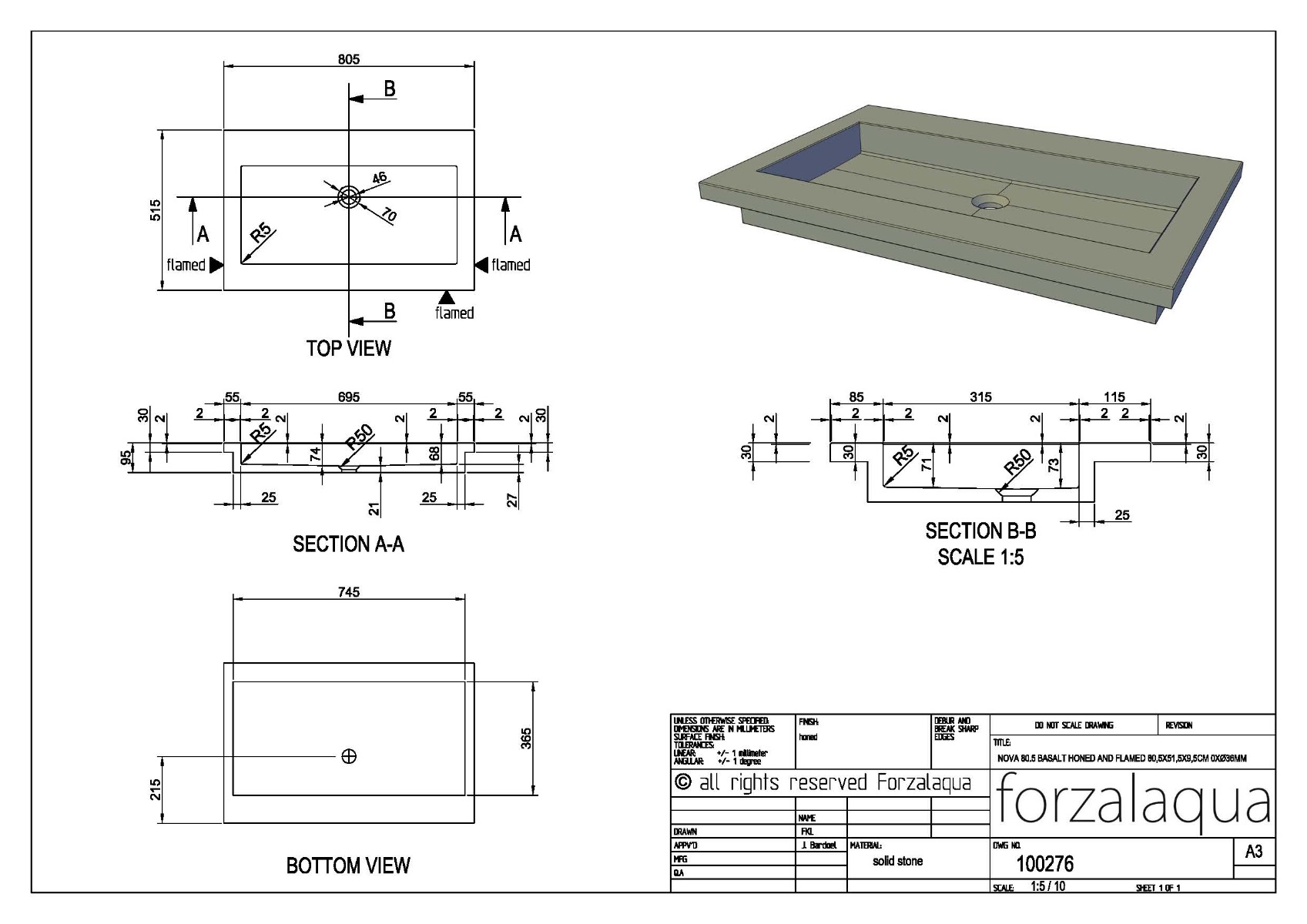 Forzalaqua Nova wastafel 80x50cm zonder kraangat carrara gepolijst