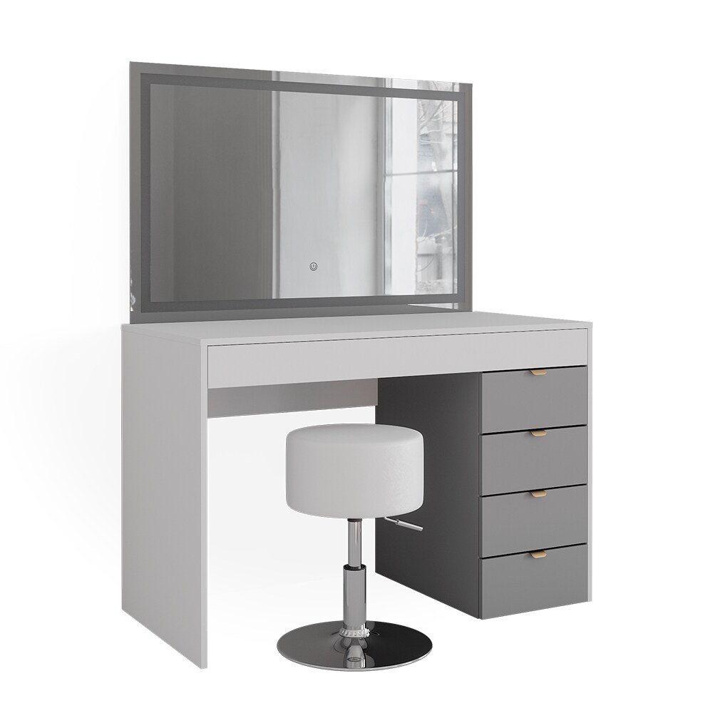 Vicco Schminktisch Elise Weiß Grau 115 x 76 cm modern Frisiertisch Schubladen LED-Spiegel Hocker