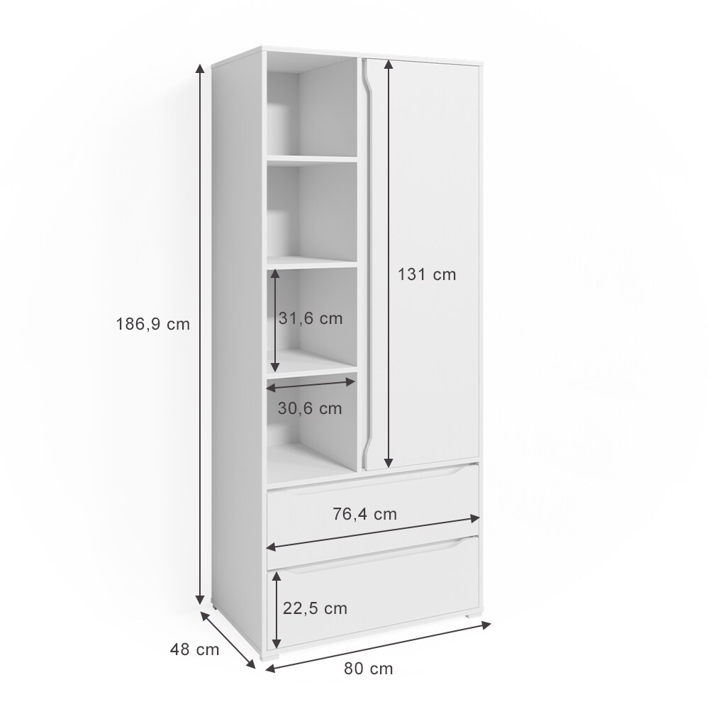 Vicco Kleiderschrank Schlafzimmerschrank Ruben 80cm mit Kleiderstange Schubladen