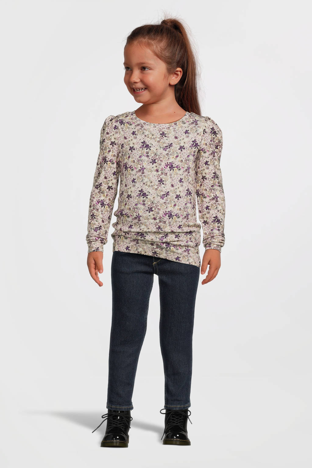 NAME IT gebloemde longsleeve NMFPNINA ecru/paars/roze