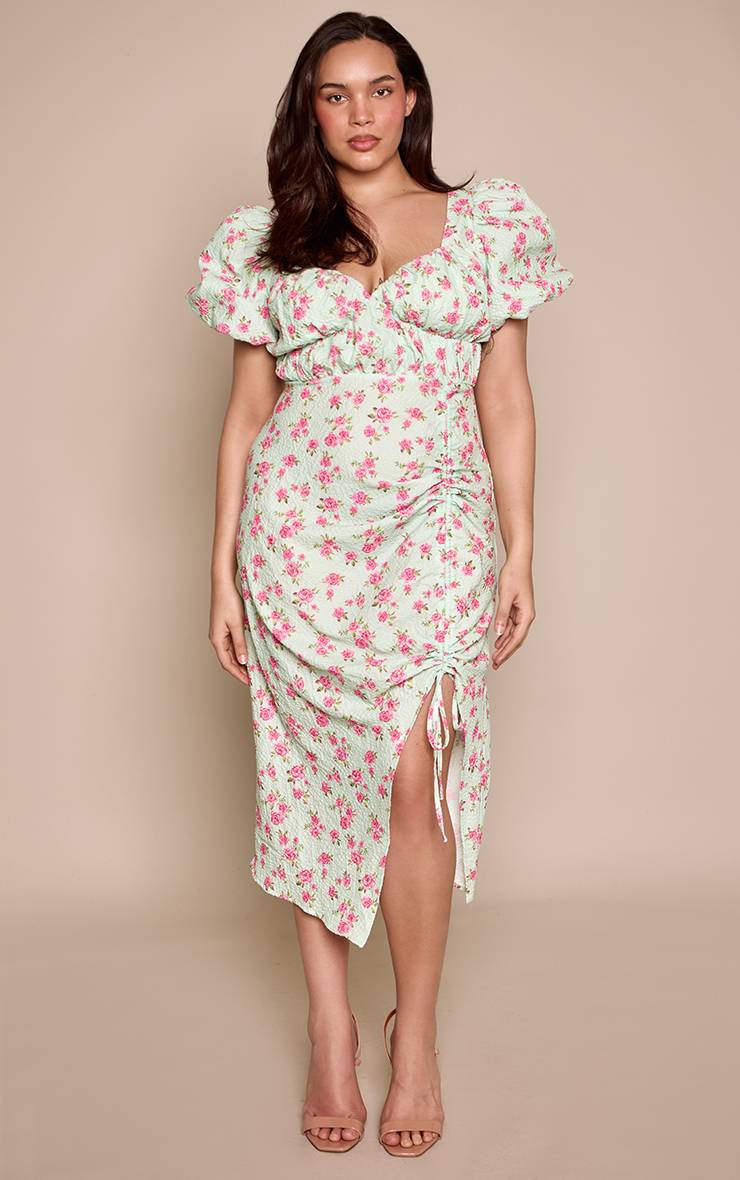 Vert Menthe Robe Midi Grande Taille À Manches Bouffantes, Détails Froncés Et Fente Latérale À Motif Floral