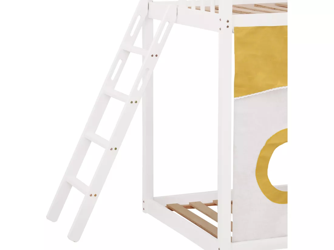 Lit superposé 90x200cm en pin massif avec échelle et toboggan de rangement - Blanc