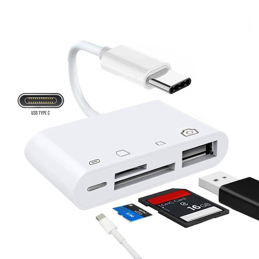 USB C auf USB A Kamera Adapter   SD / Micro SD Kartenlesegerät / USB C Ladeanschluss (PD/27W) - Weiss