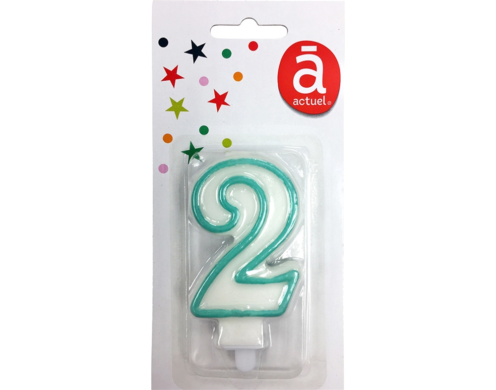 VELA DE ANIVERSÁRIO ACTUEL BRANCO COM REBORDO AZUL NÚMERO 2