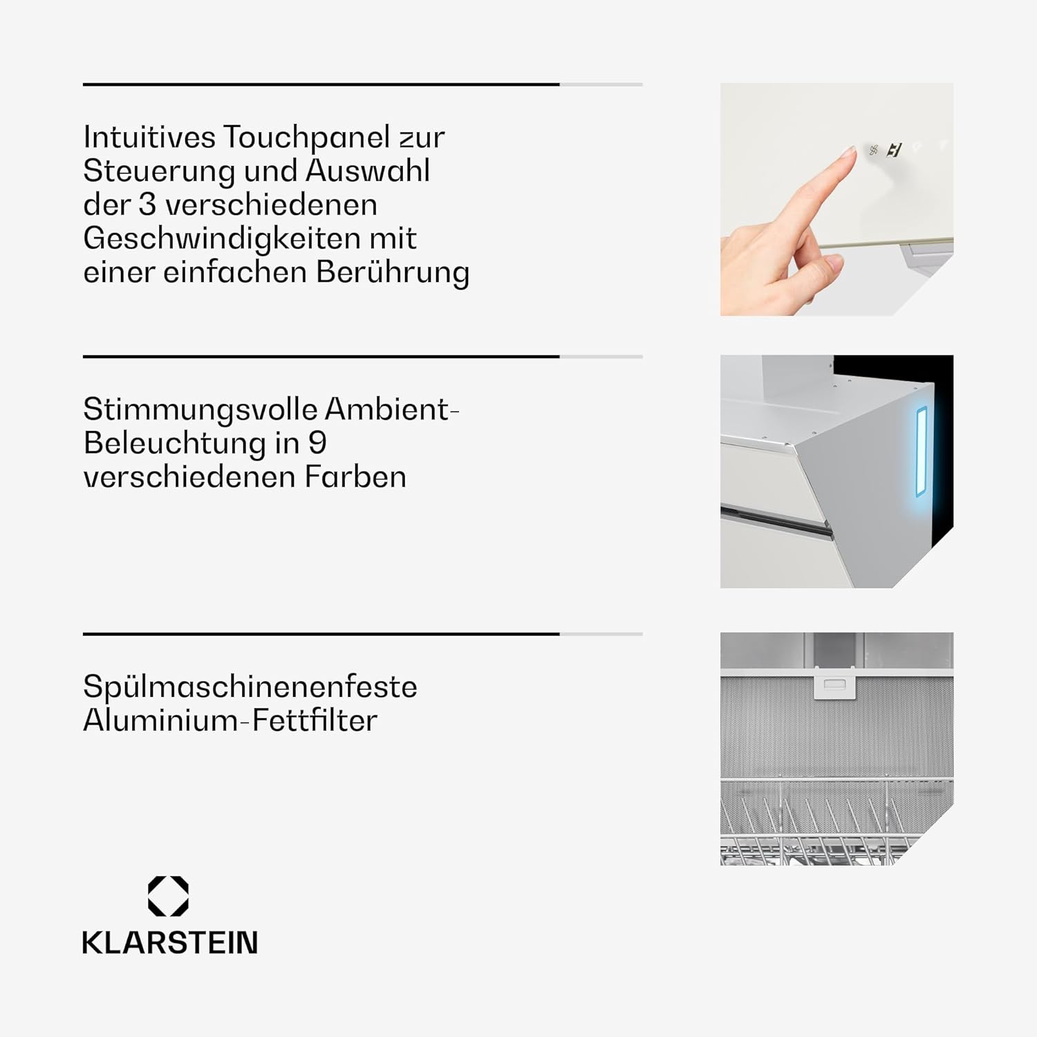 Klarstein Alina Dunstabzugshaube - 60cm Kopffreihaube, 520 m³/h Luftstrom, A++ Energieeffizienz, LED-Beleuchtung, Touch Control, Umluft & Abluft, Weiß
