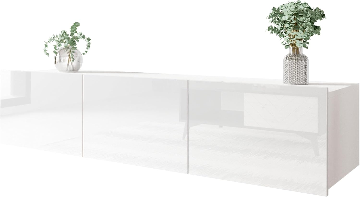 Mirjan24 TV Schrank Calabrini 150 BR04 TV Lowboard mit Grifflose Öffnen, Fernsehschrank Hängeschrank Hochglanz Matt Wohnwand (Weiß/Weiß Hochglanz)