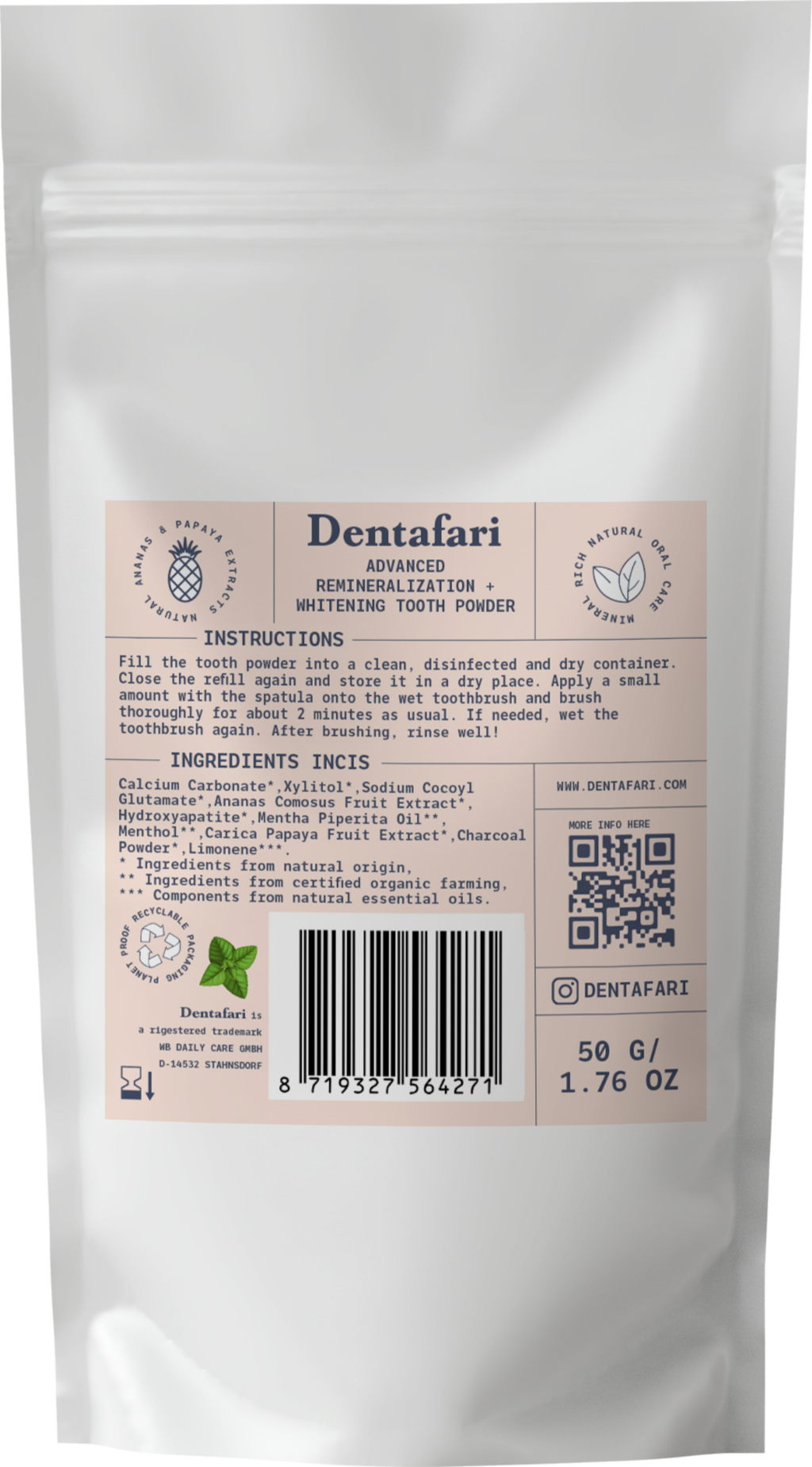 Dentafari  Advanced Remineralization & Whitening Tooth Powder Crisp Mint, 50 g