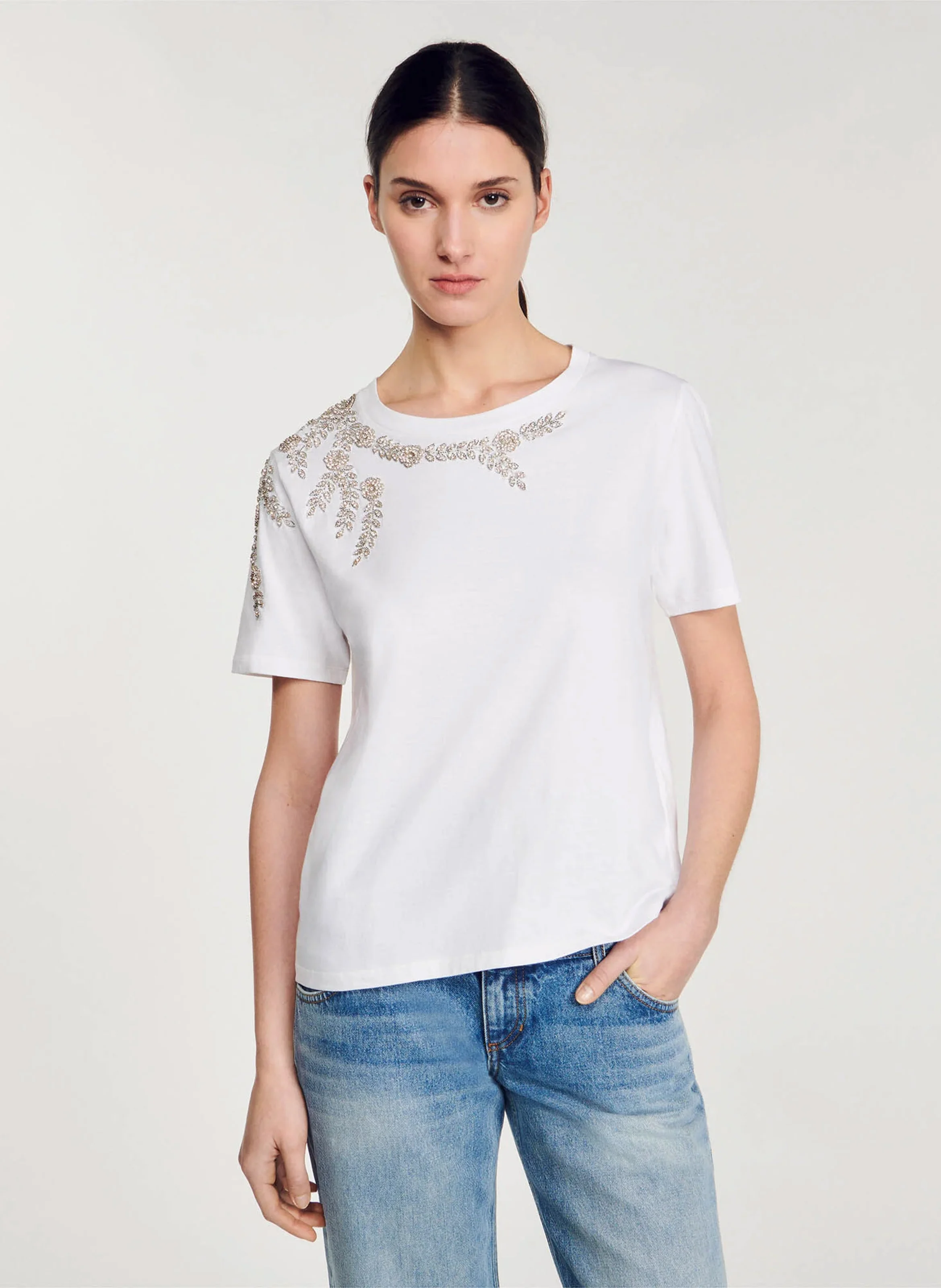 Tee-shirt col rond à sequins en coton| Blanc