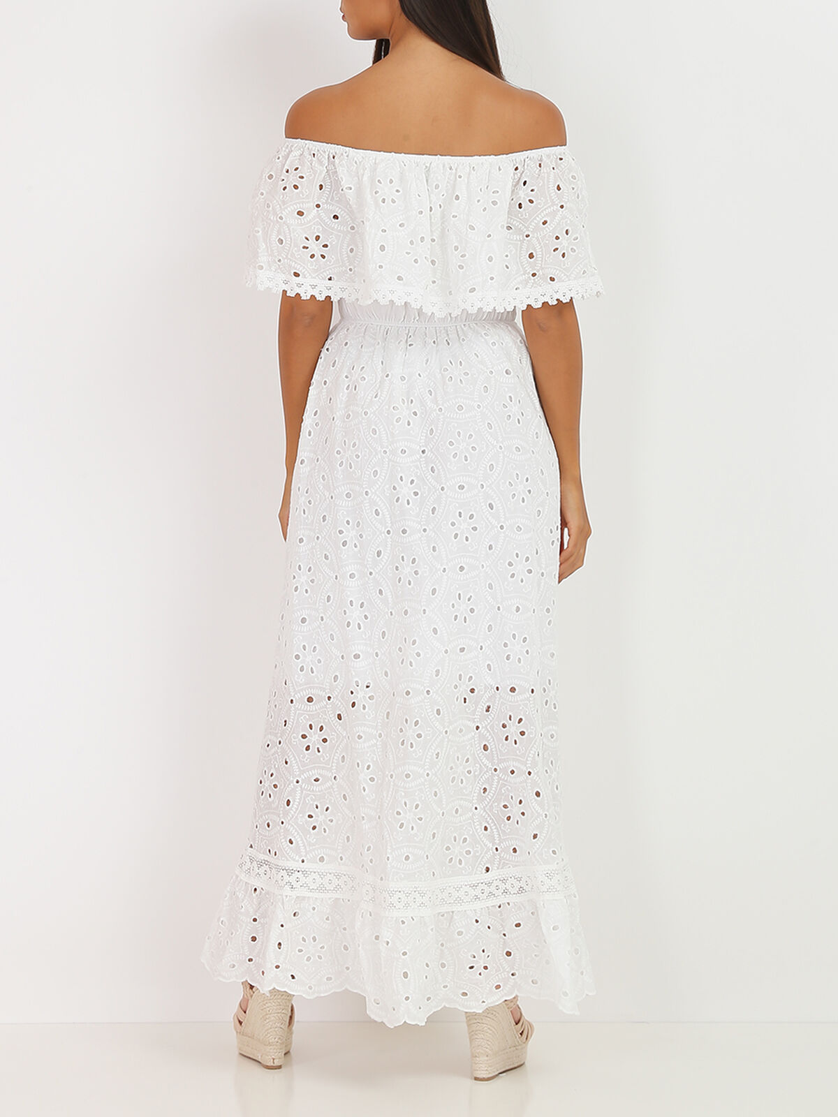 Robe longue asymétrique à broderie anglaise- Blanc