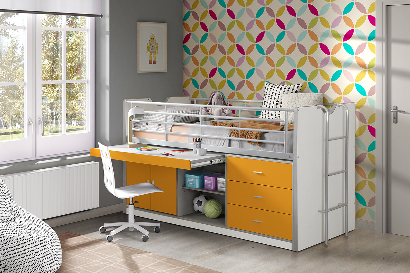 Funktions-Hochbett BONNY - weiß-orange - mit Schreibtischschublade - 90x200 cm
