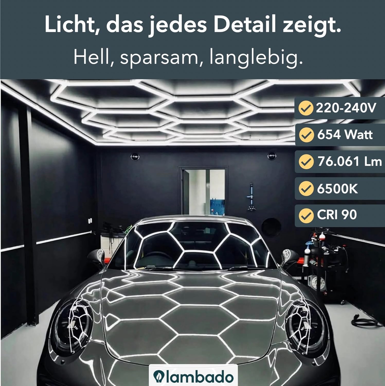 lambado® Hexagon LED Deckenleuchte | Garagenbeleuchtung LED Werkstattbeleuchtung | Fitnessstudio Barber Shop Salon Ausstellung | 14er Set inkl. Rahmen | Farbtemperatur 6500K Weiß