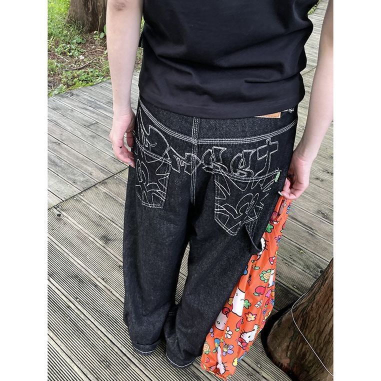 Jerolenea - Lage taille jeans met geborduurd contraststiksel en wijde pijpen