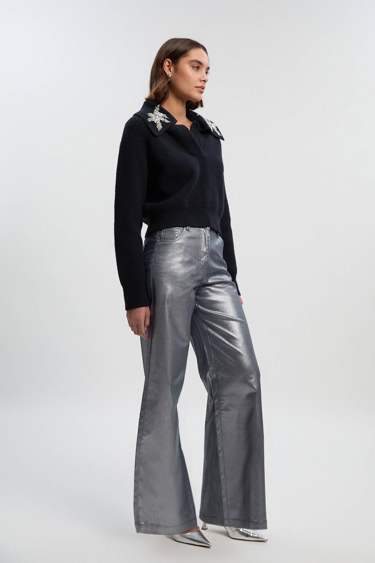 KarenMillen Jean Denim Large à Revêtement Métallisé