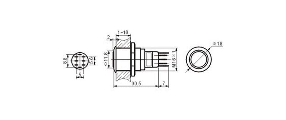Drucktaster Metall 16 mm mit blauer RingbeleuchtungBeleuchteter Taster
