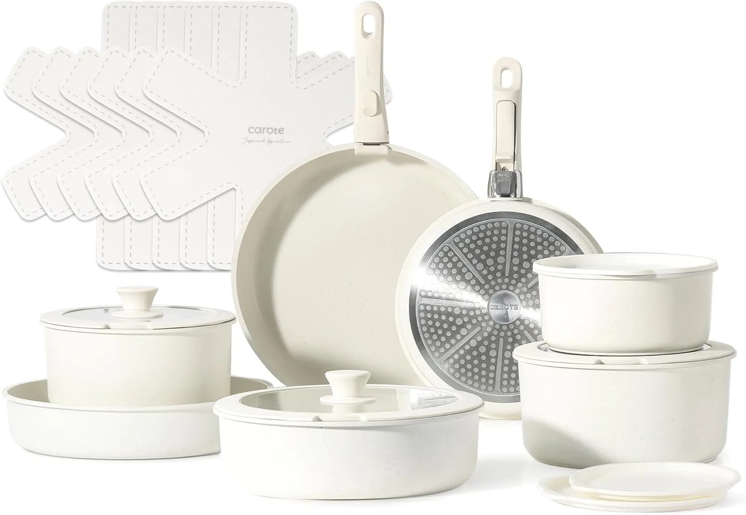 CAROTE 21-teiliges Topf- und Pfannen-Set mit abnehmbarem Griff, antihaftbeschichtet, Induktionskochgeschirr, abnehmbarer Griff, ofenfestes Kochgeschirr, cremeweiß