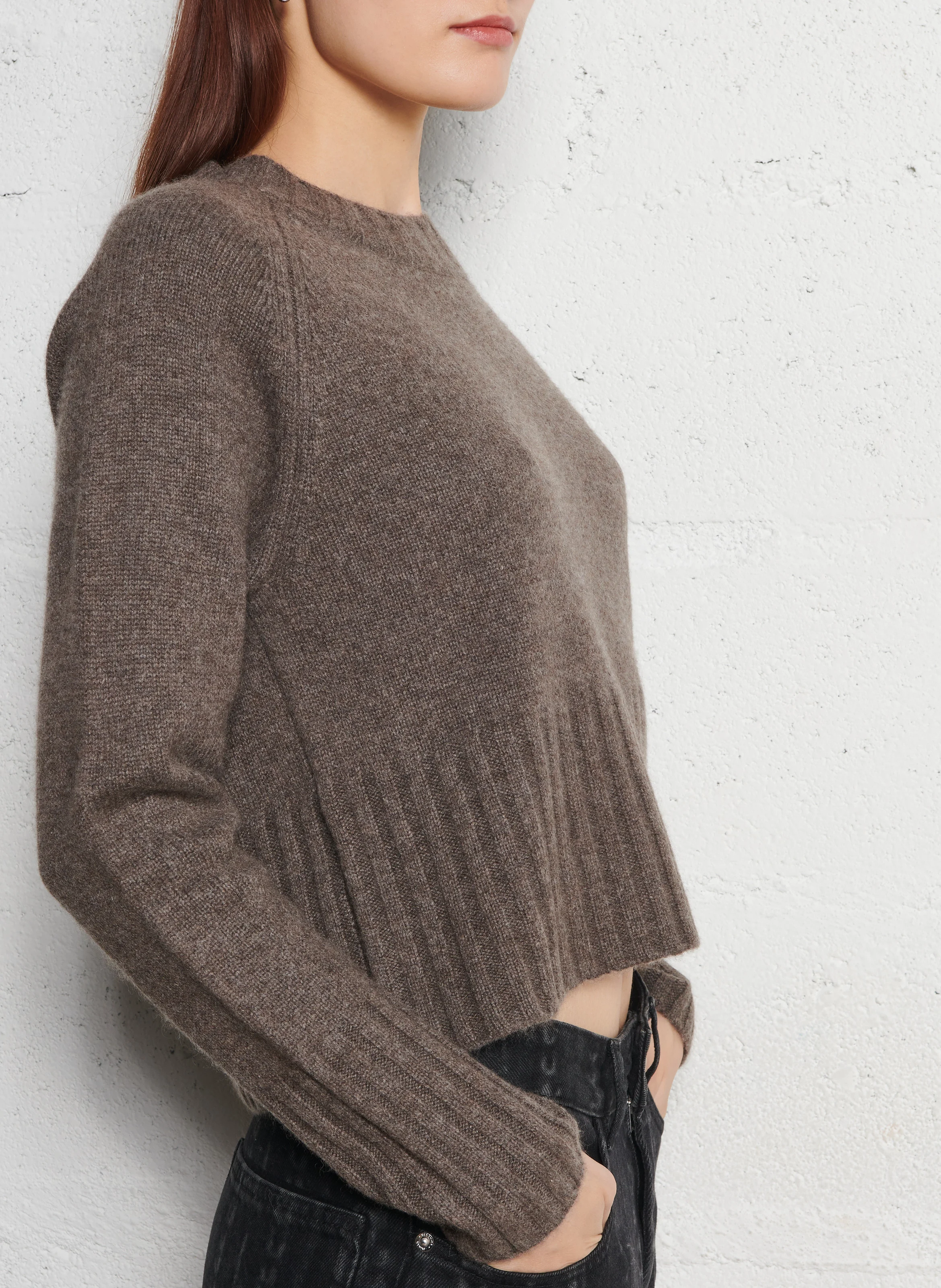 AMINI - Pull col rond en laine mélangée| Marron