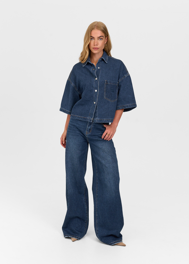Denim blouse korte mouw indigo blauw