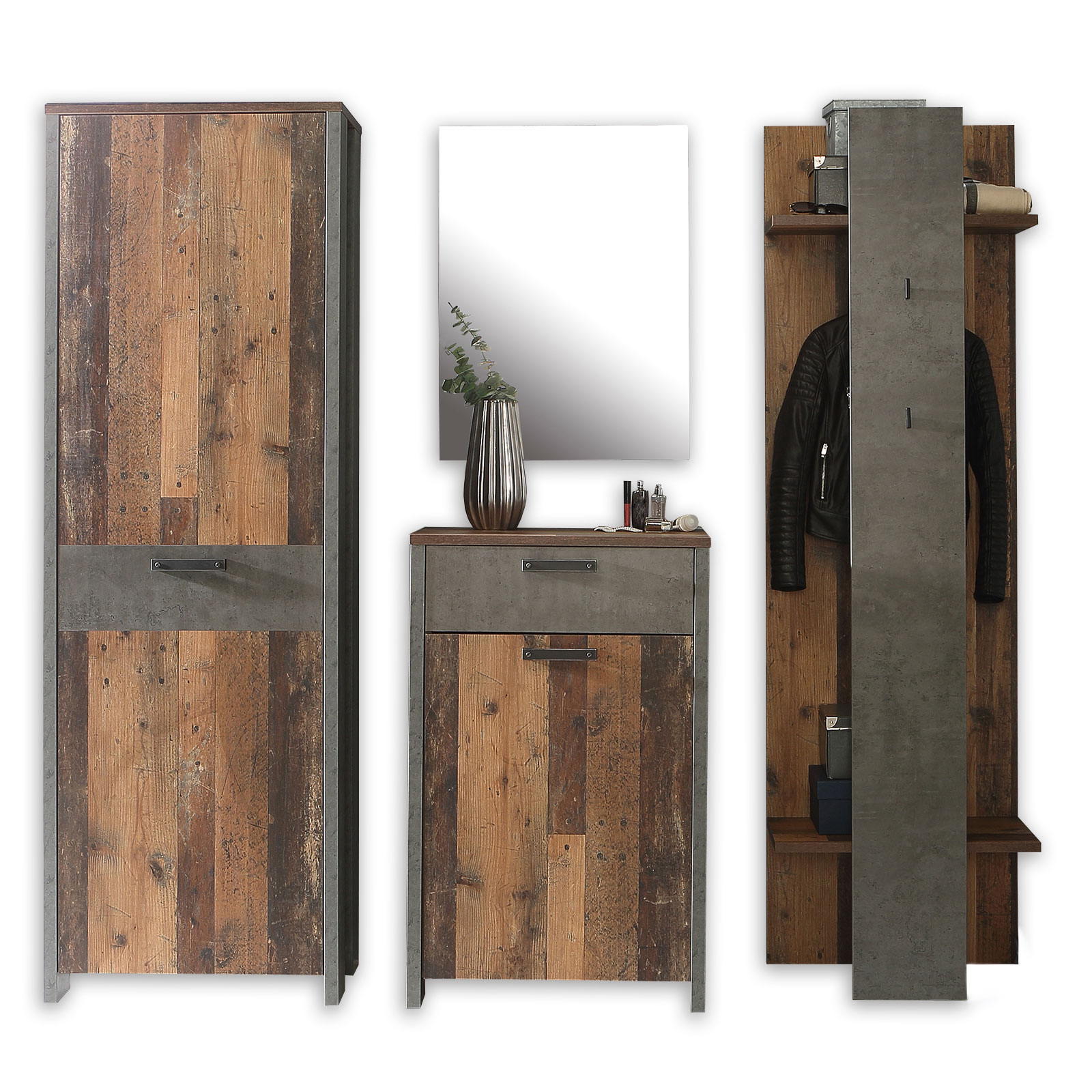 4-teiliges Garderoben-Set - Old Wood Vintage - Betonoptik