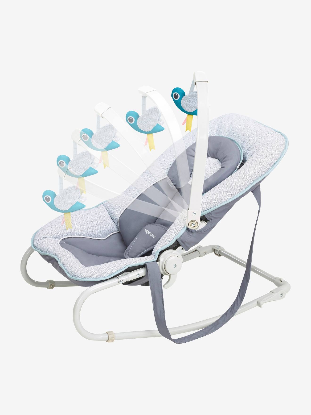 Cadeira de balanço BABYMOOV Graphik com arco de atividades. Estampa azul clara.