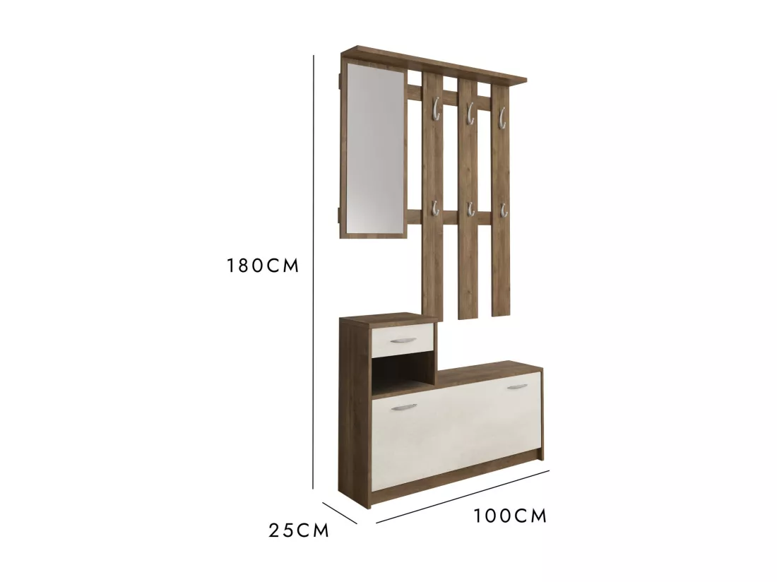 Meuble d'entrée Clint, Entrée moderne, Armoire avec étagère à chaussures, Armoire polyvalente avec miroir et cintre, 100x25h180 cm, Chêne et Blanc