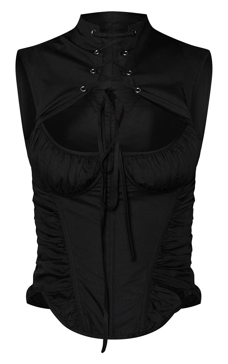 Noir Top Corset En Coton Col Montant Avec Laçage Et Fronces