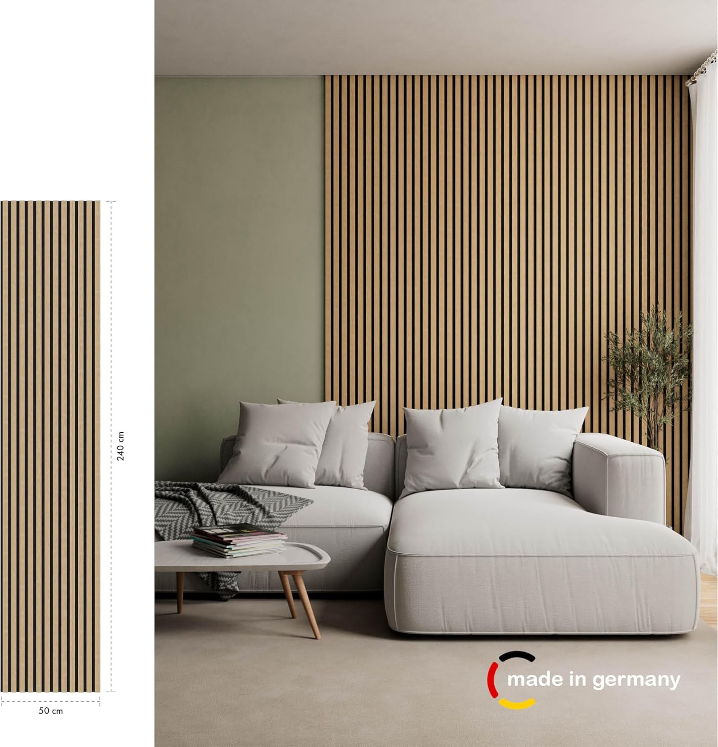 Momento 5 Stück Akustikpaneele Holz 240x50 cm - Made in Germany - Eiche Natur - Wandverkleidung Innen Wandpaneele Holzoptik - 3D Lamellenwand Paneele - Akustik Holzpaneele Wand Holzverkleidung Panel