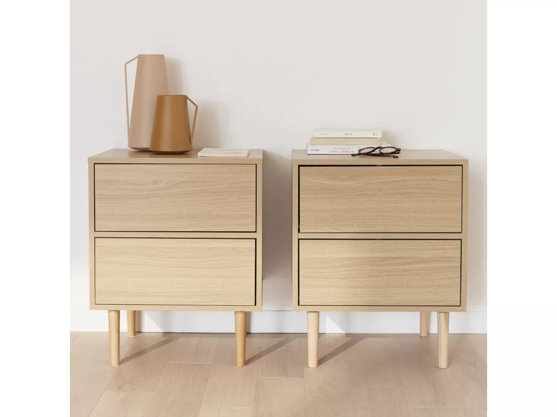 Lot de 2 tables de chevet décor bois naturel - Mika - 2 tiroirs - L 48 x l 40 x H 59cm