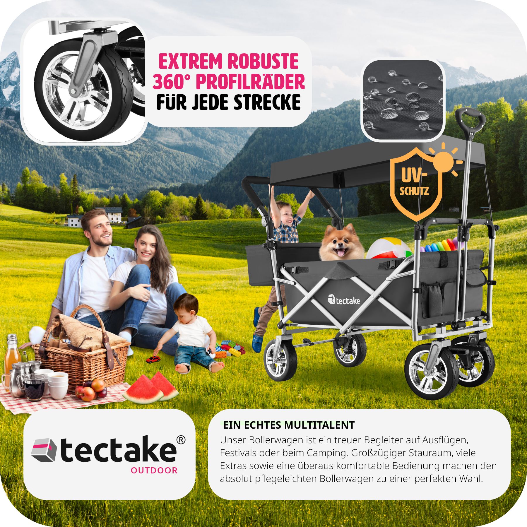 tectake® Bollerwagen, faltbar, mit Dach, abnehmbarer Stoffeinsatz mit 6 Taschen, inklusive Tragetasche, Belastbarkeit 80 kg