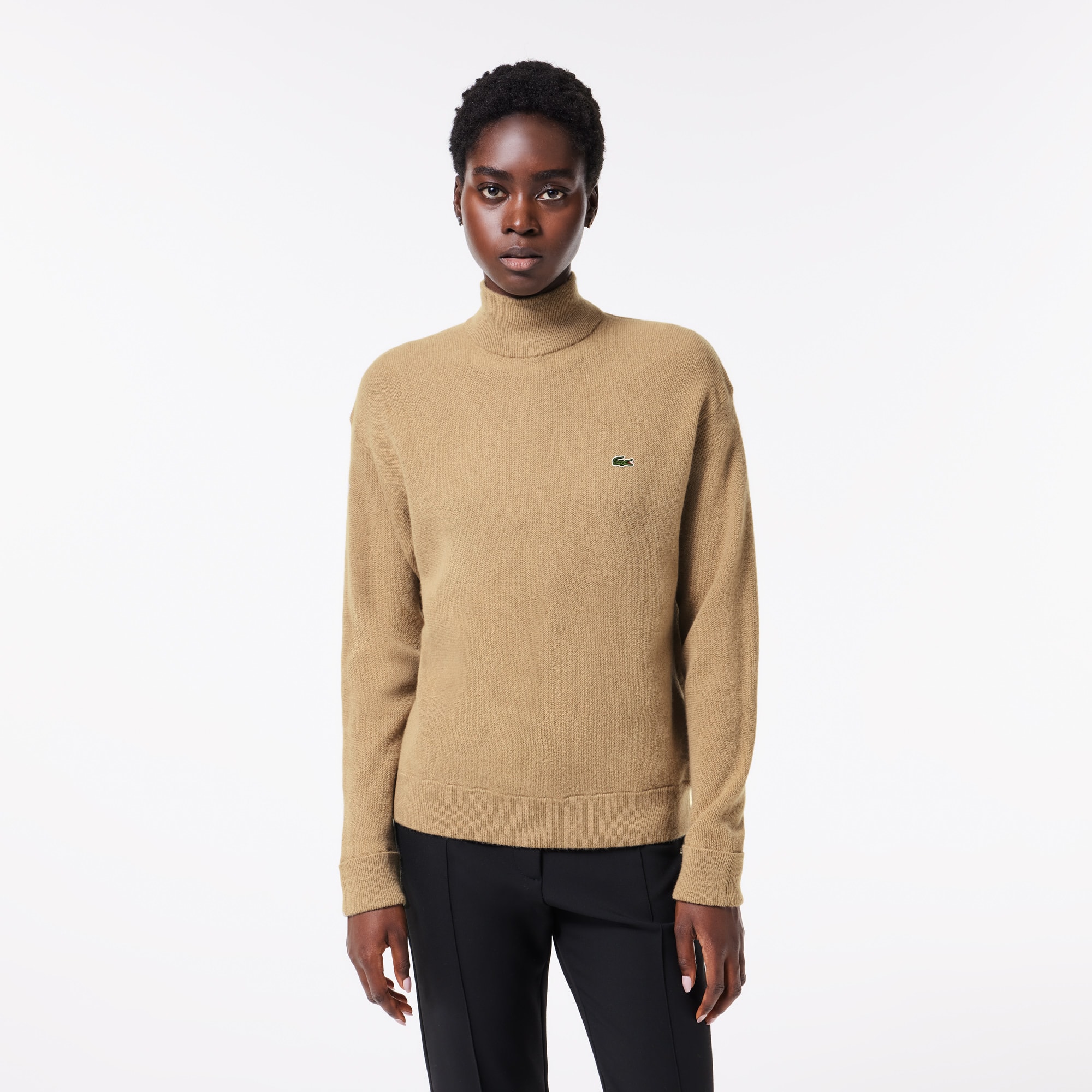 Pull Lacoste femme col montant en laine Pullovers - Marron - Lacoste - Femme