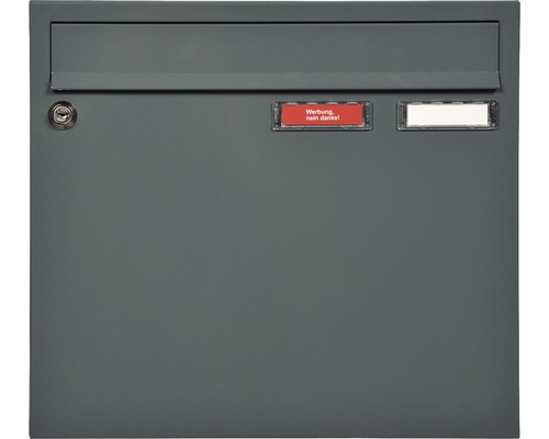 MEFA brievenbus, gepoedercoat staal, BxHxD 370/330/100 mm, Sonate 132, basaltgrijs RAL 7012 structuurlak, met 2 naamplaatjes en klep