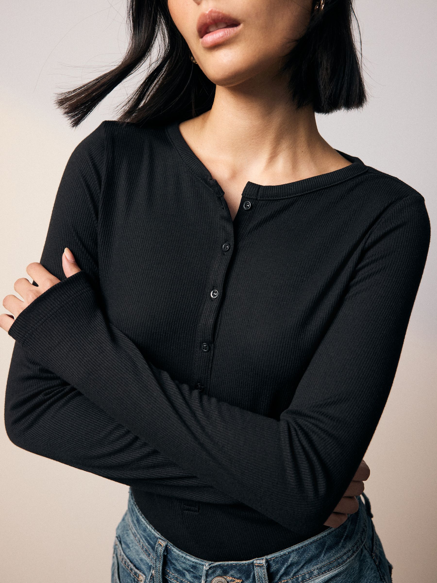 Zwart - Ribbed Long Sleeve Henley Bodysuit