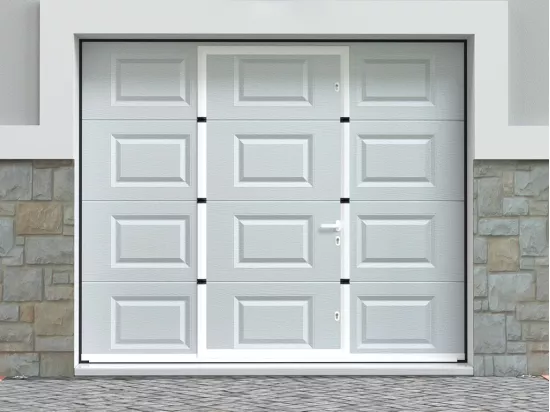 Porte de garage sectionnelle à cassette portillon central blanc motorisée L254 x H213 cm - CAOPAS