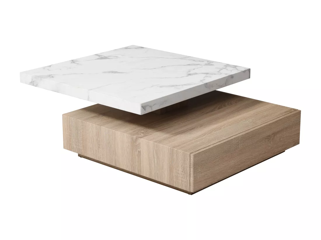 Table basse pivotante avec 1 tiroir en MDF - Effet marbre blanc et Naturel - KYRIA