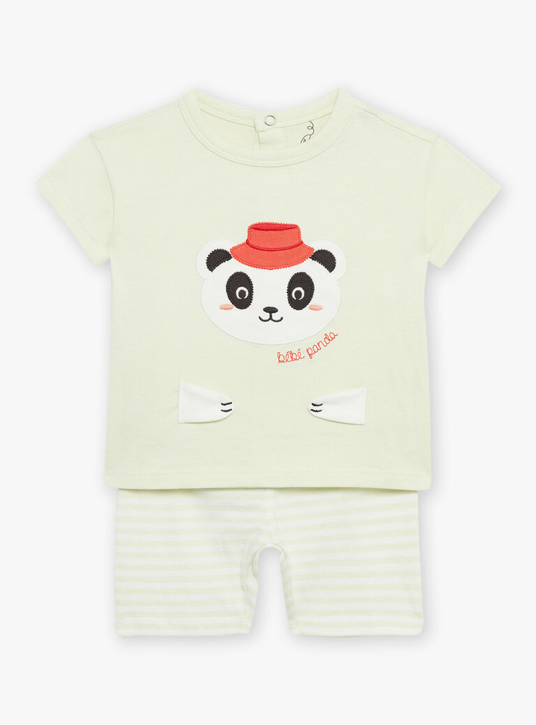 Pyjama vert pâle à animation tête de panda et à imprimé à rayures