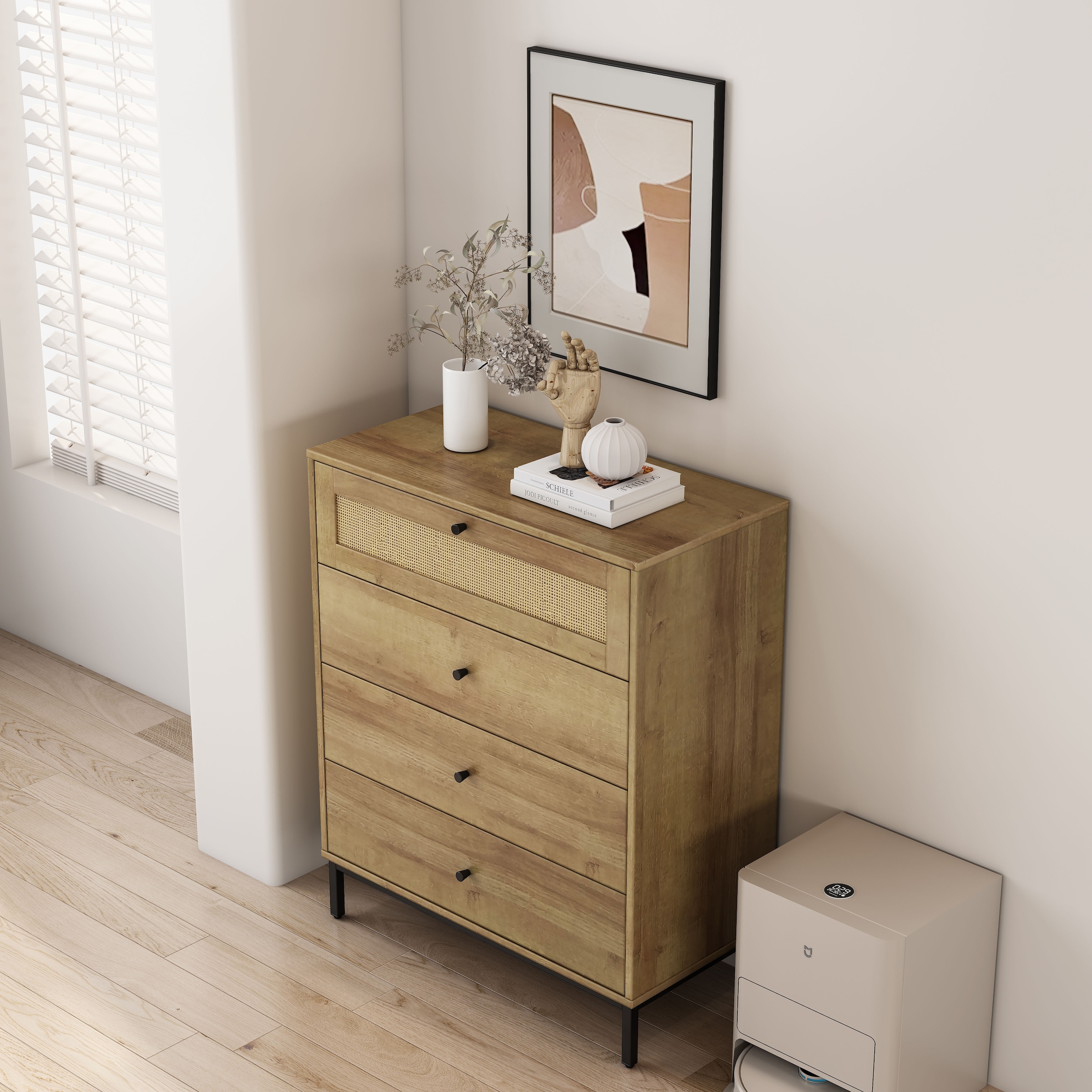 GOODproduct Kombikommode »Motala Sideboard Wäscheschrank im BOHO Design Bestseller Kommode« Eichen-Design mit Geflecht Schublade und schwarzen Griffen,