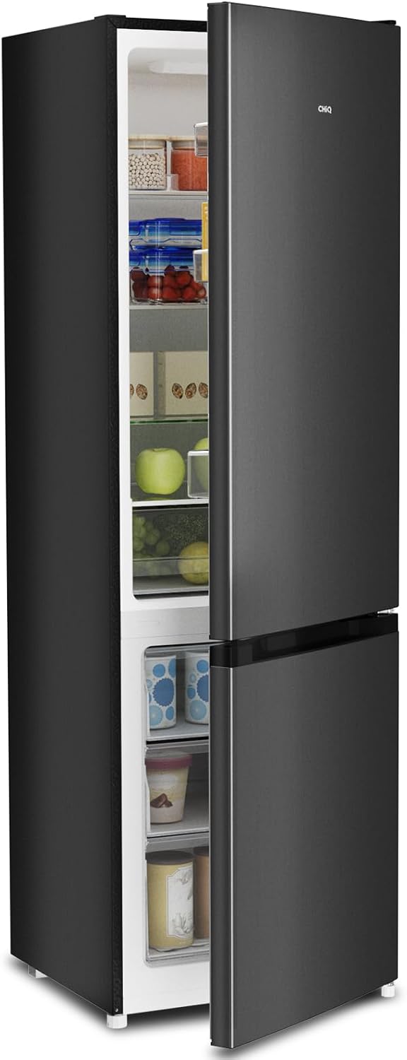 CHIQ CBM260LC Kühl/Gefrie Kombination 262L (187L Kühlbereich+75L XXL Gefrierfach) |137 kWh/Jahr, EEK C, Edelstahloptik, 38dB | Wechselbartür, 4-Sterne Gefrierleistung, Schwarz