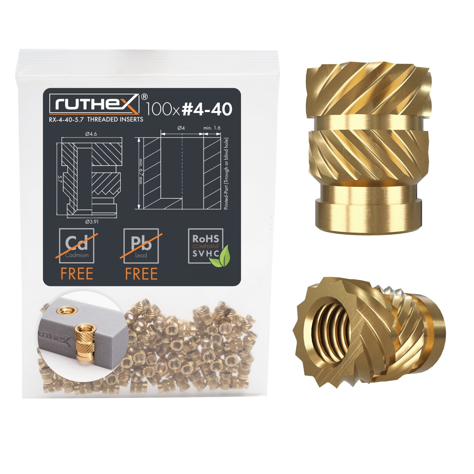 ruthex  Gewindeeinsatz #4-40 UNC (100 Stück), #4-40x5,7    Hochwertige Gewindebuchsen aus Messing