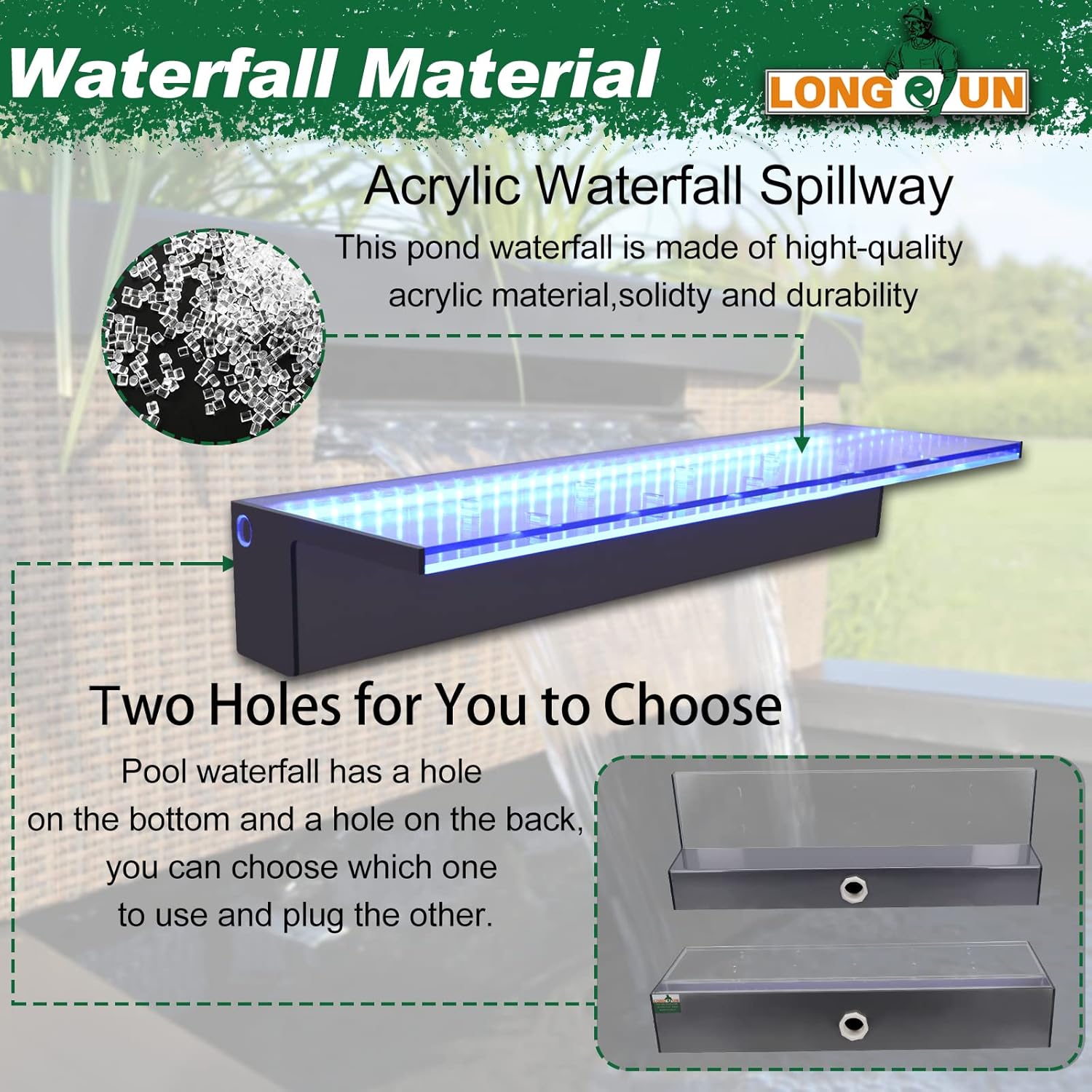 LONGRUN Wasserfall Überlauf APP Kontrolle Mehrfarbig LED-Licht Draussen Pool Brunnen, Acryl Wasser Überlauf Koi Teich Wasserfälle Brunnen Kit für Garten Terrasse Schwimmbad Dekoration -60 cm