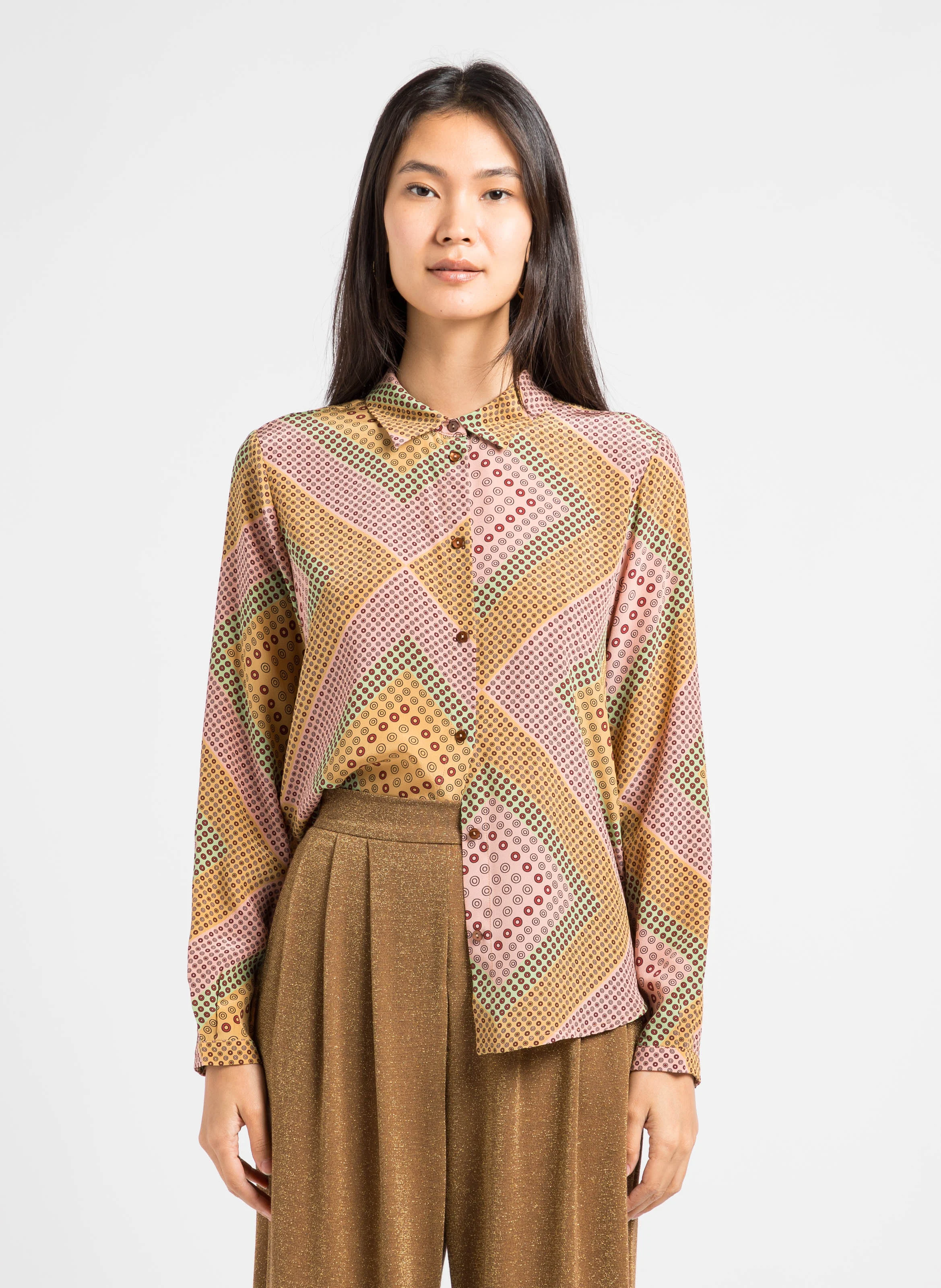 Chemise imprimée col classique en soie| Beige