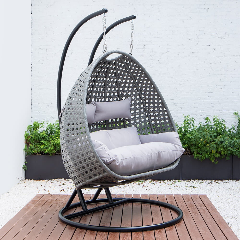 Home Deluxe - TWIN Hangstoel - Grijs, Hoogte 195 cm - incl. regenhoes, frame, zit- en rugkussens | Polyrattan hangstoel, tuinschommel, hangmand