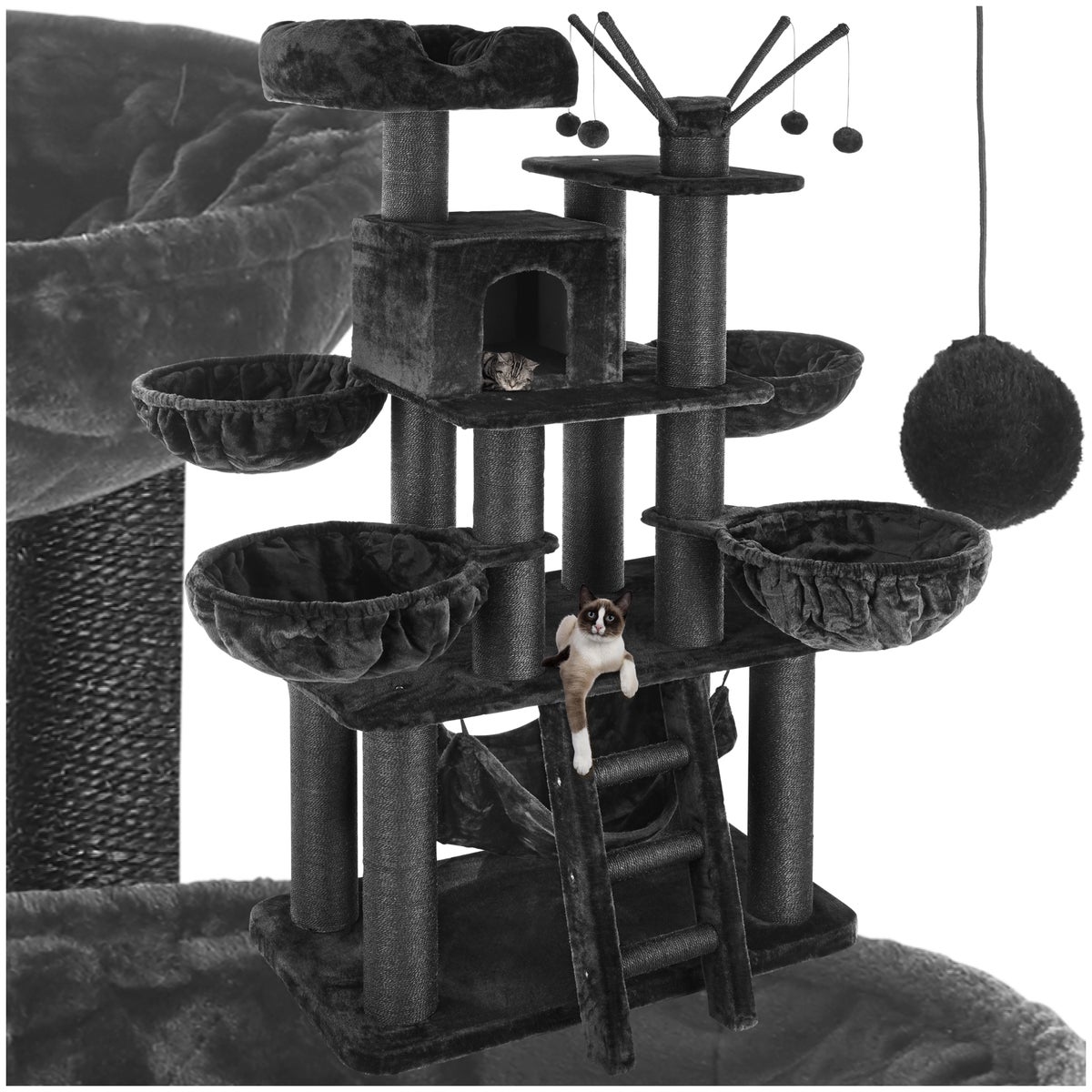 tectake Gismo 195 cm kattenboom inclusief trap, 4 speelballen en anti-kantelvoorziening