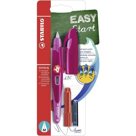Ergonomischer Schulfüller für Rechtshänder mit Standard-Feder M - STABILO EASYbirdy in beere/pink - Einzelstift - inklusive Patrone und Einstellwerkzeug - Schreibfarbe blau (löschbar)