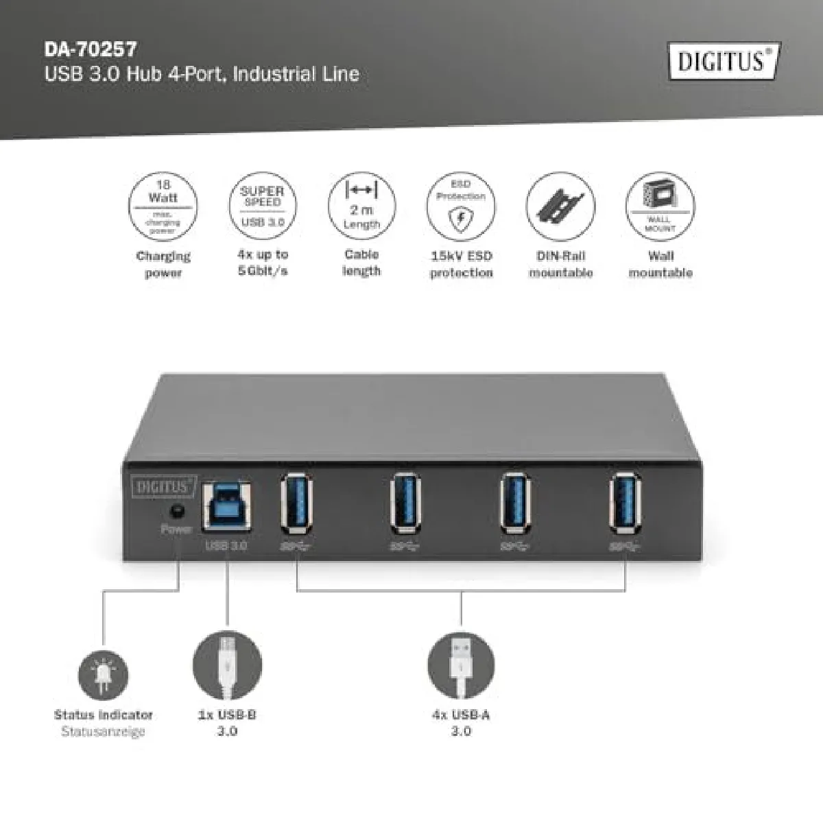Digitus Hub USB 4 Ports Indust. USB 3.0 - Noir
