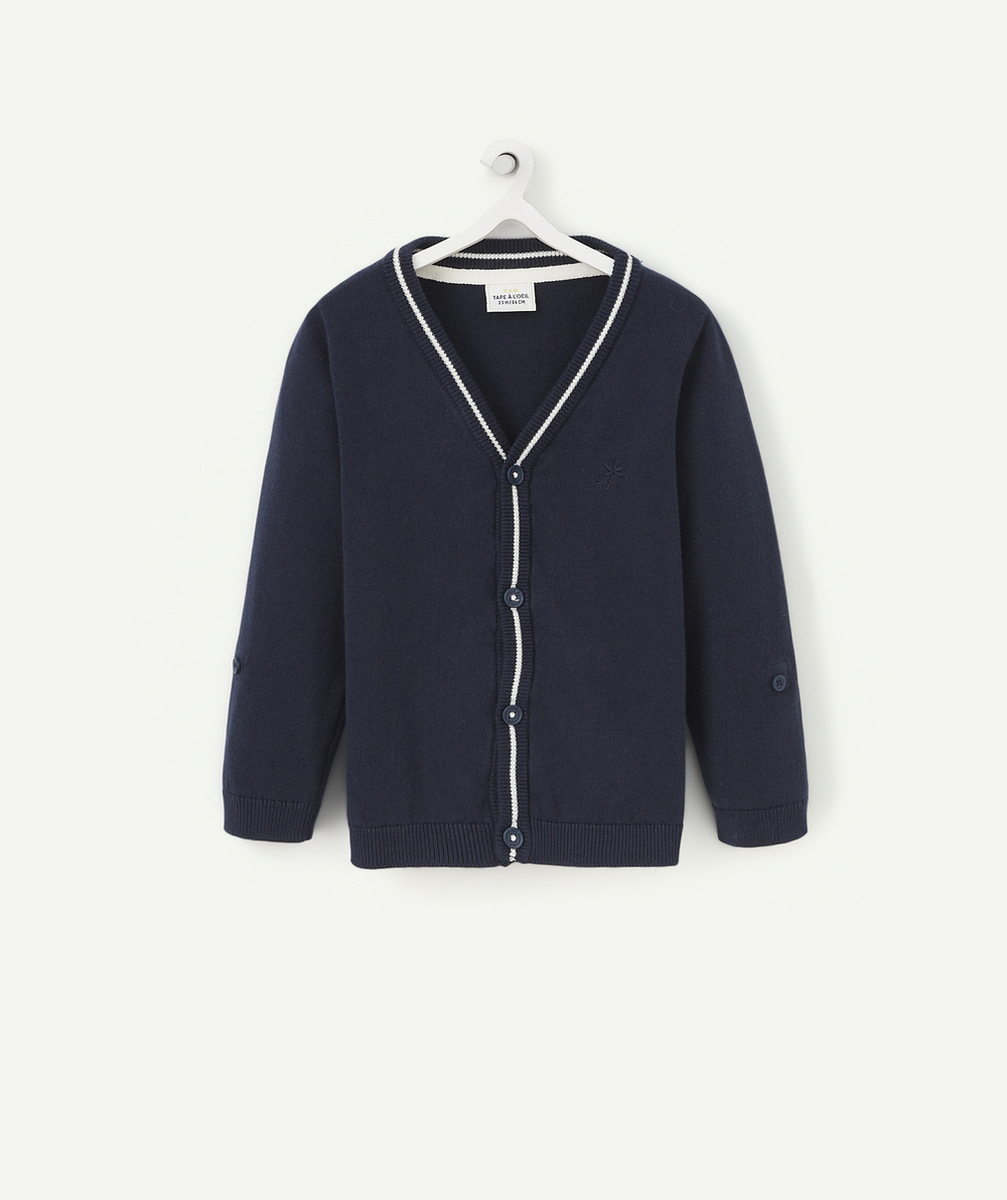 CARDIGAN BÉBÉ GARÇON EN COTON BLEU MARINE AVEC LISERÉ BLANC