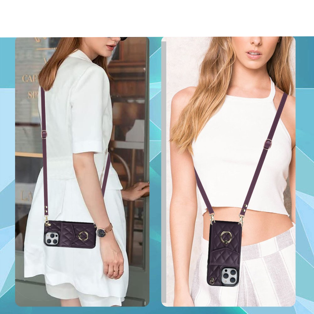 iPhone 15 Pro Max Necklace Leder Hülle mit Kartenfächer   Finger Griff Halterung   Handykette (RFID Schutz) - Violett