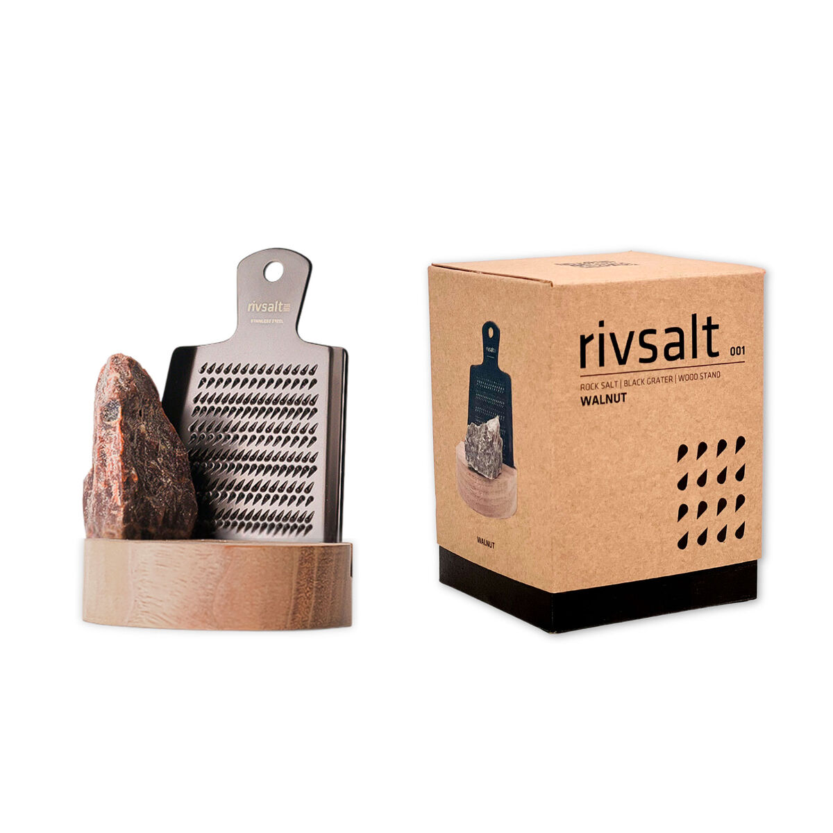 Rivsalt Sett med rivjern, bergsaltstein og bordstativ i valnøttre