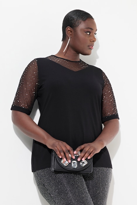 T-Shirt, Classic Fit, Mesh mit Pailletten, Jersey-Unterlage